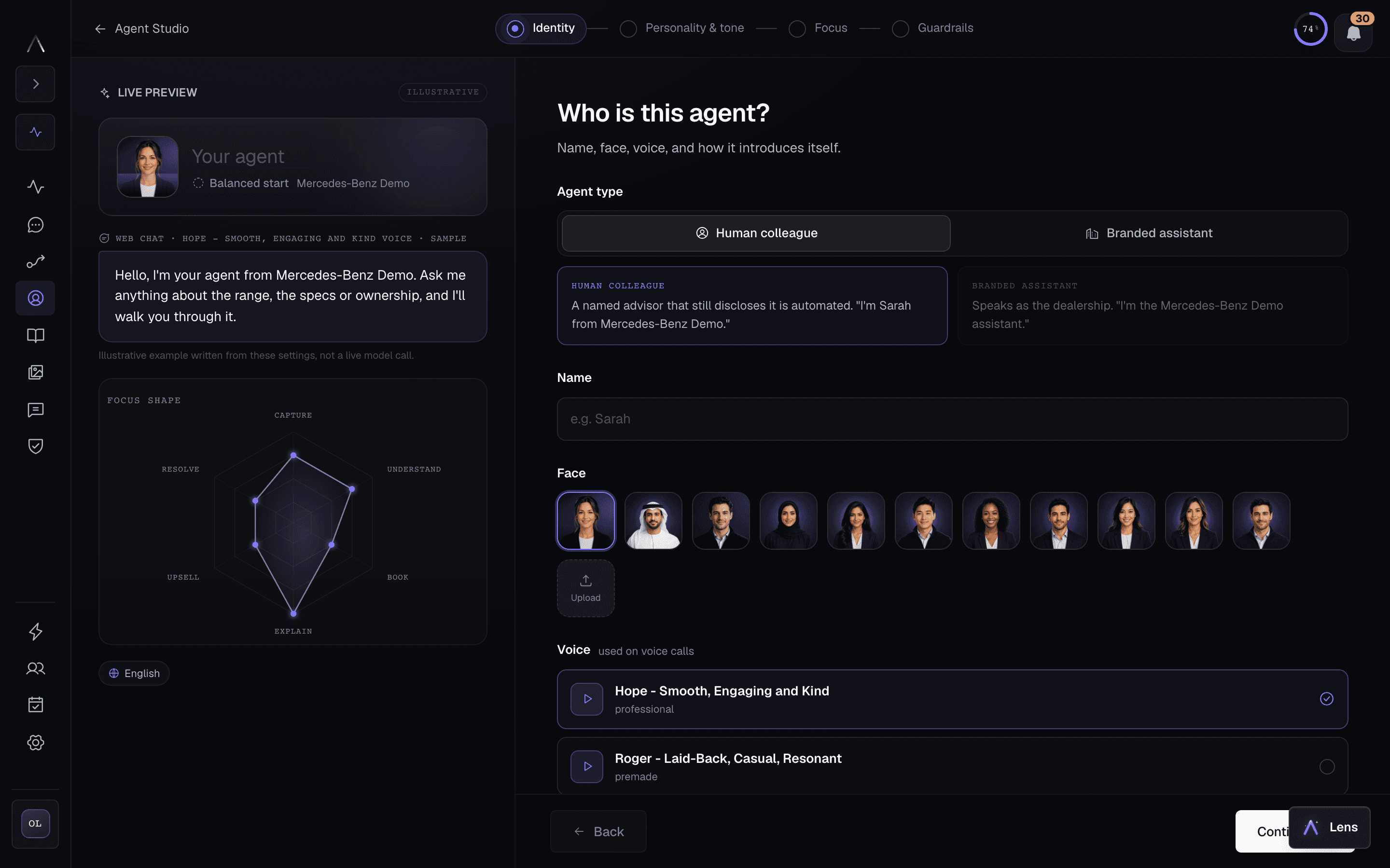 Cronus Agent Builder showing an agent image, persona, voice, and role