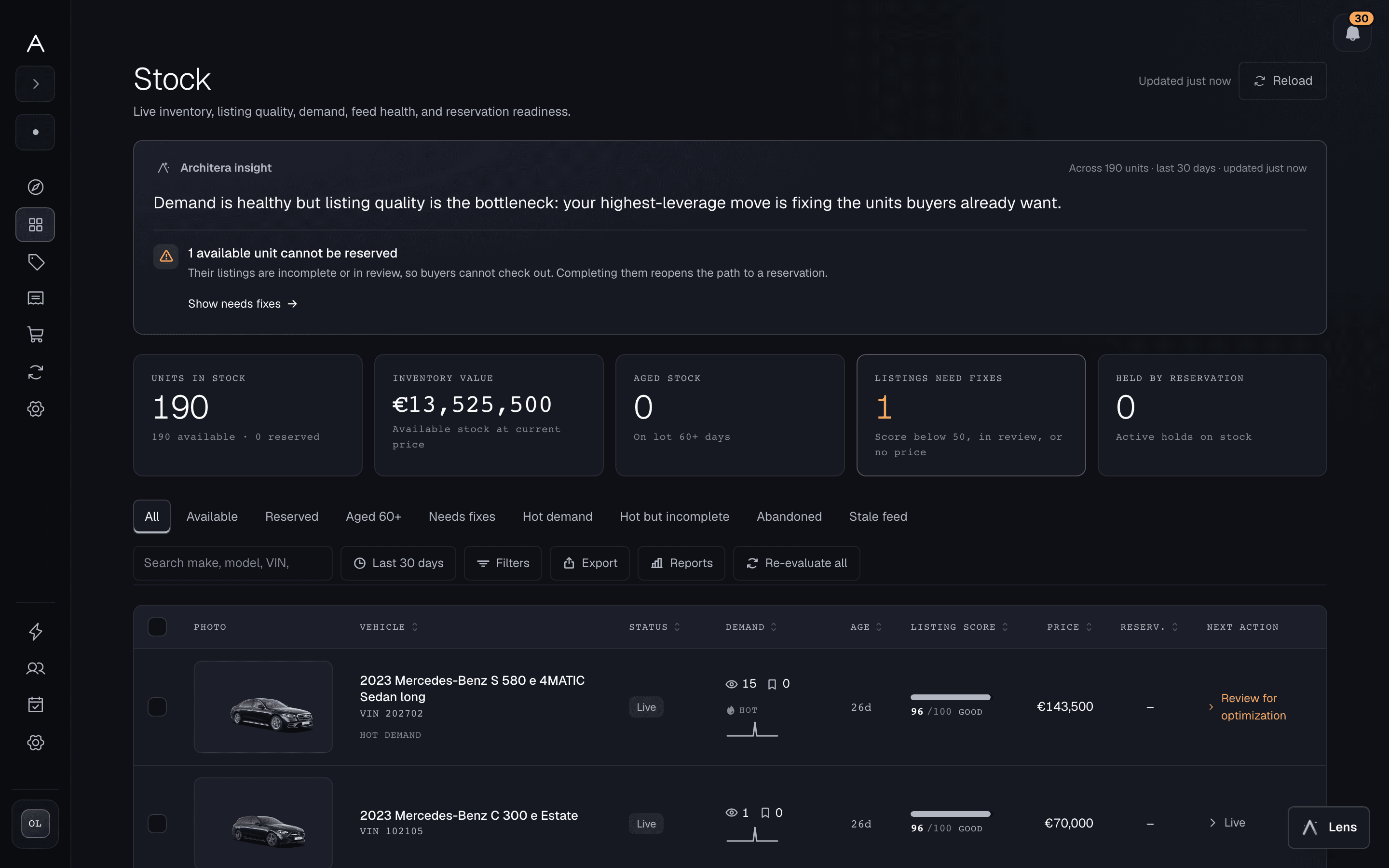 Atlas dealer cockpit stock management view
