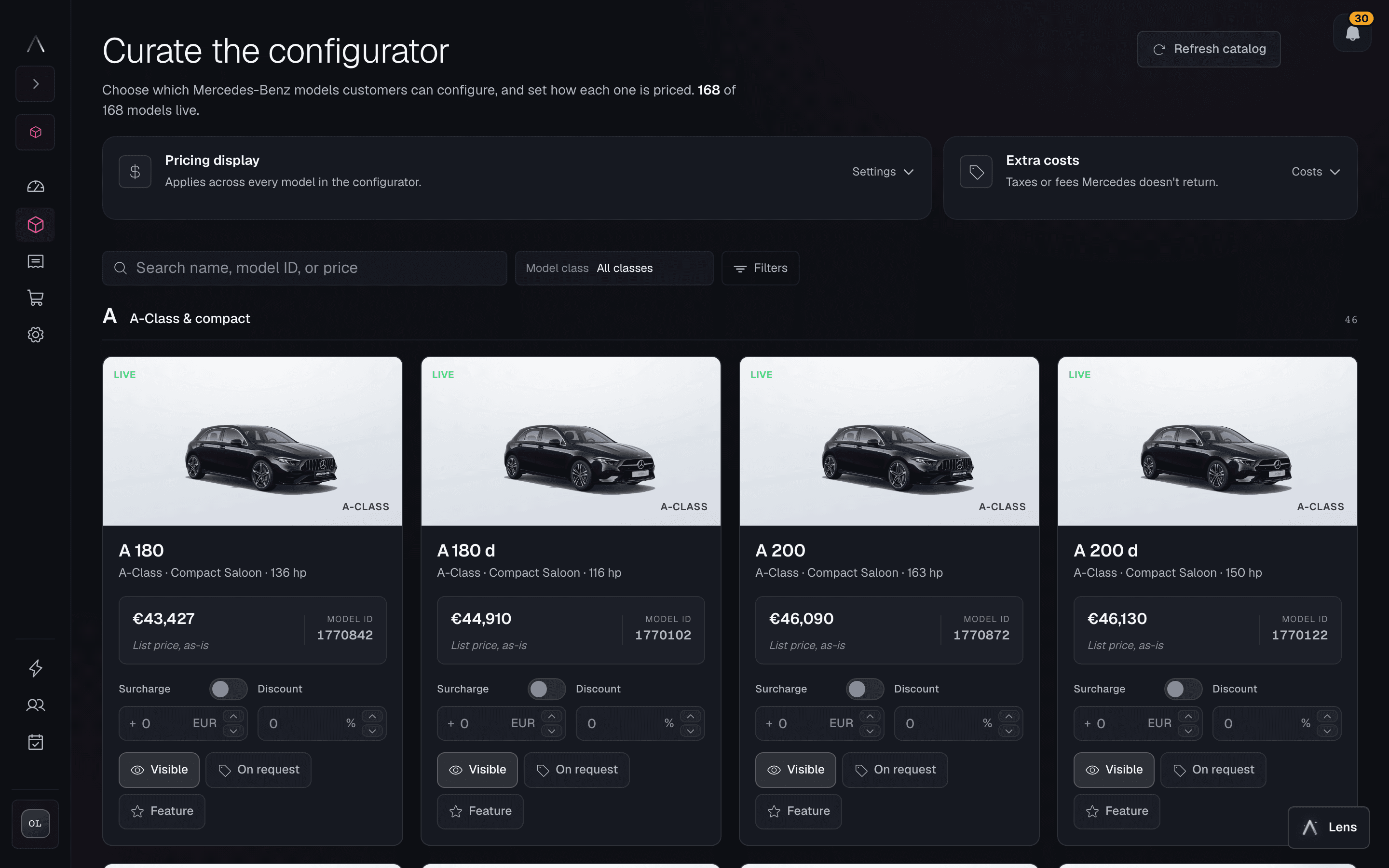 Forge operator backend showing model visibility and dealer pricing controls