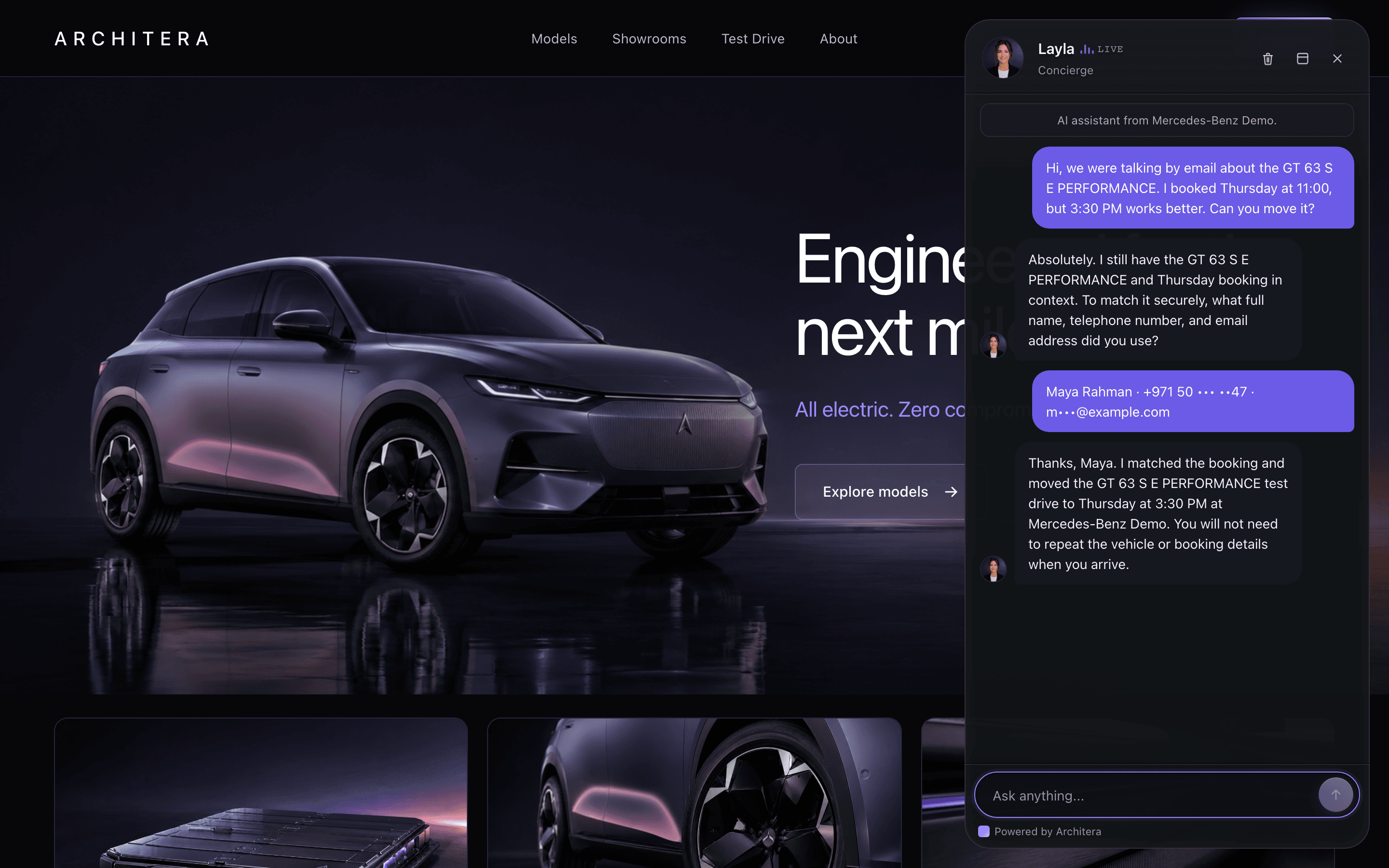 Cronus web chat securely matching a returning customer before continuing a test-drive booking