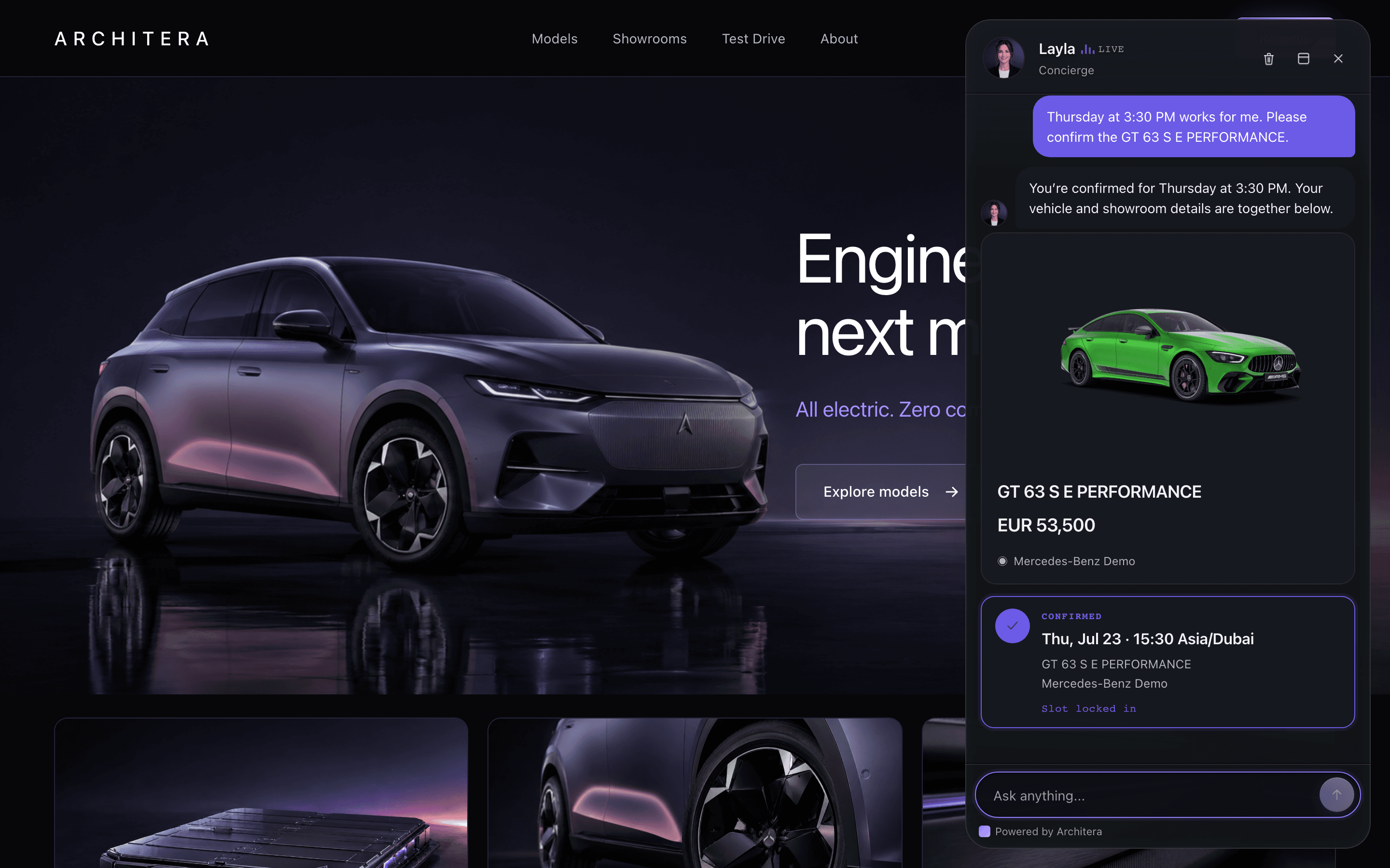 Cronus web chat showing a confirmed test drive with the vehicle and showroom in context