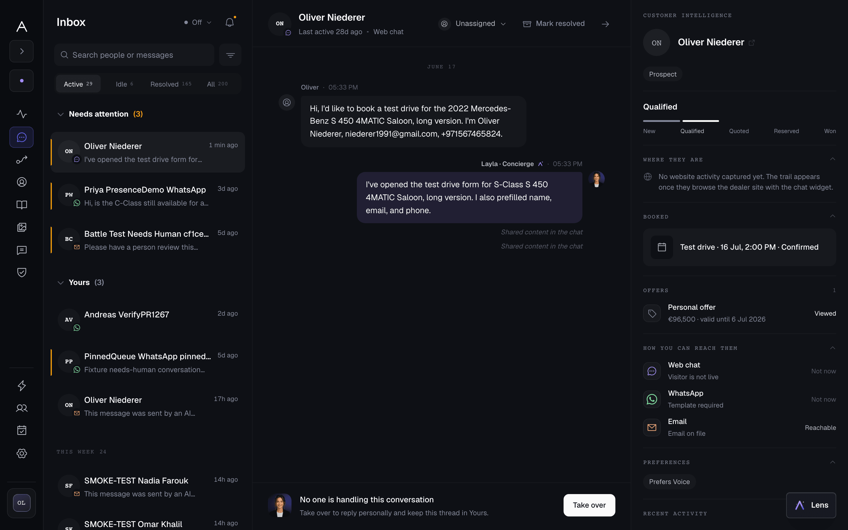 The conversations console: review the work, pause the AI, take over the thread