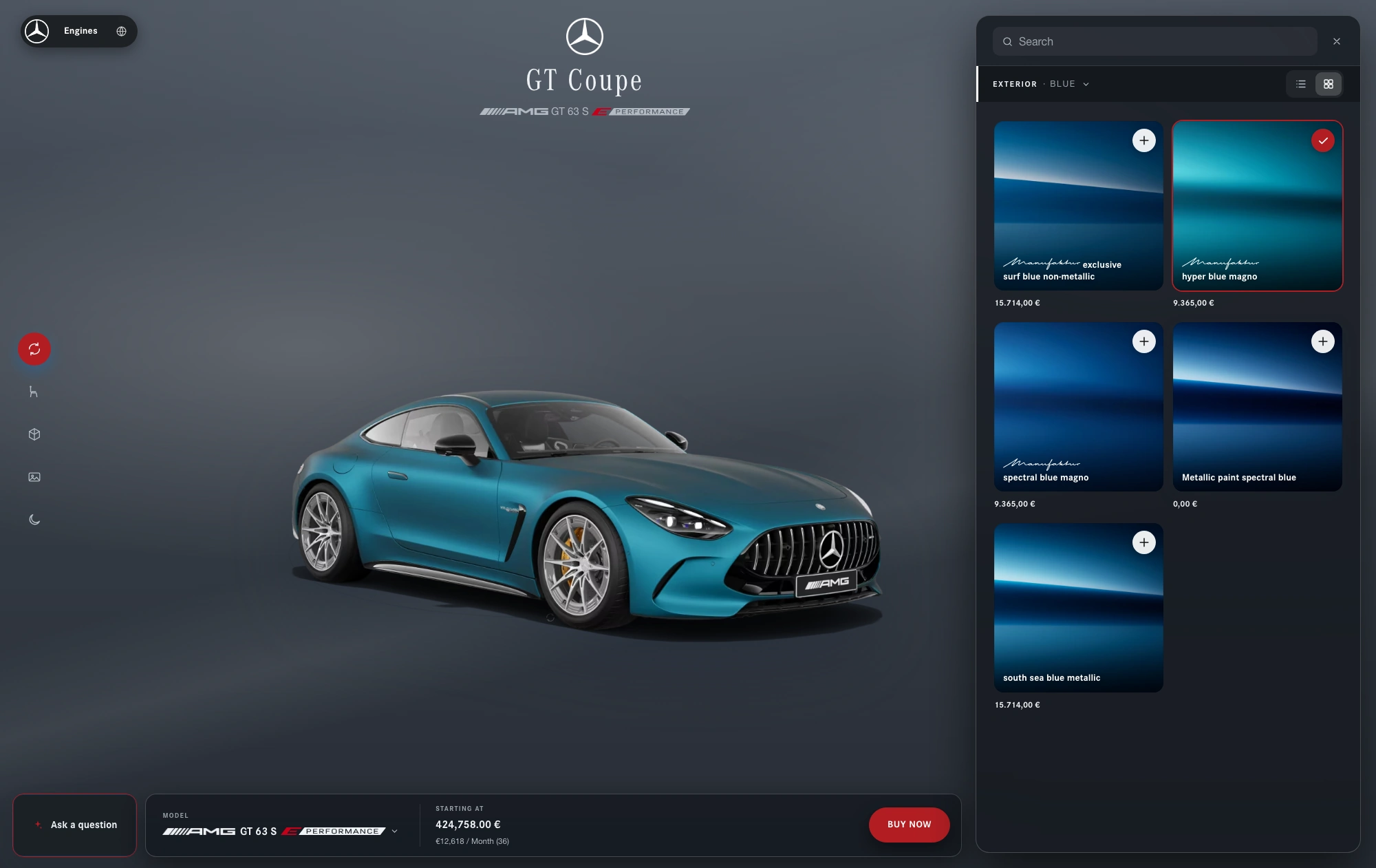 A customer using Forge to configure a vehicle with the available paint options in view