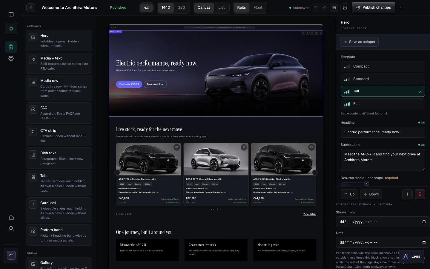The Pages editor building a dealership homepage