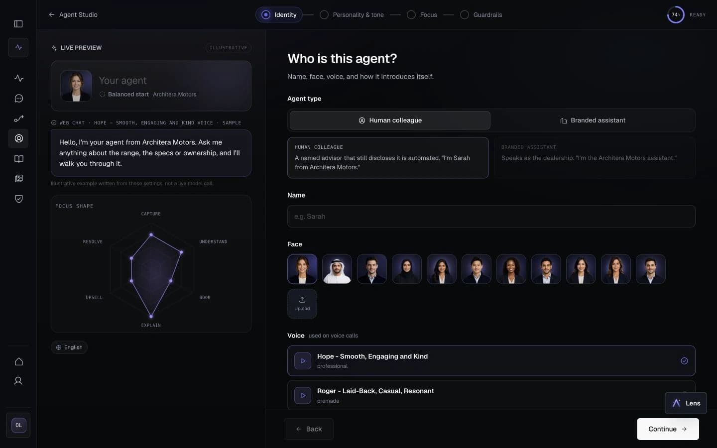 Cronus Agent Builder showing an agent identity, tone, voice, and role