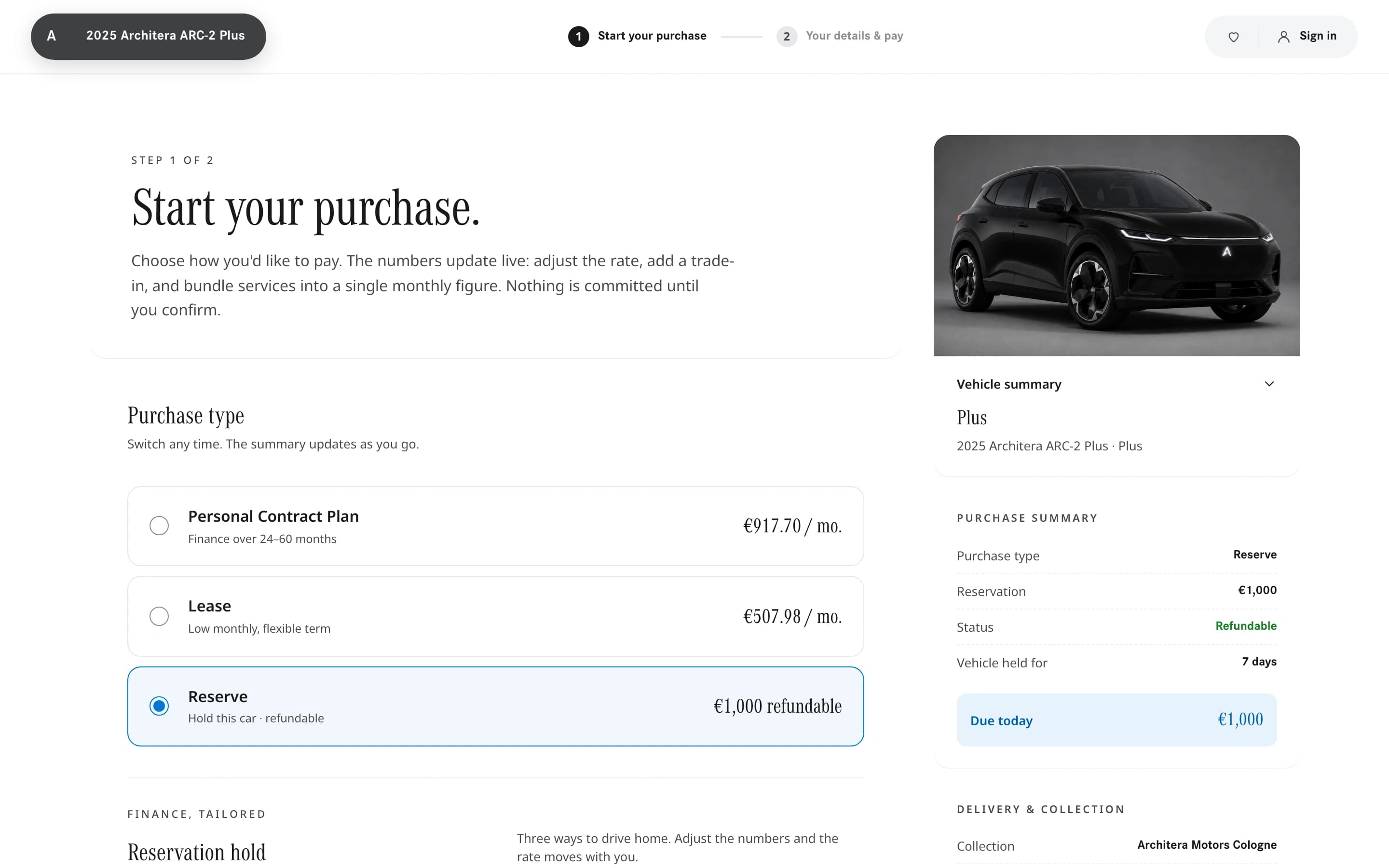 Atlas demo checkout for a selected vehicle with payment summary