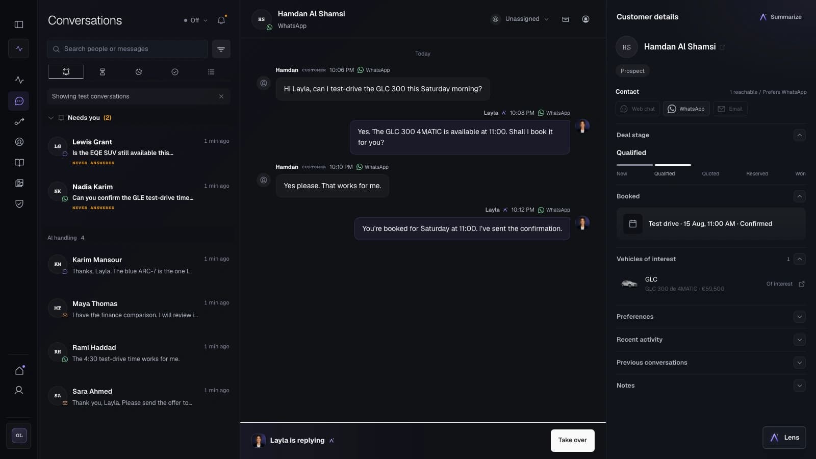 Cronus operator conversation detail showing a booked test drive and Take over control