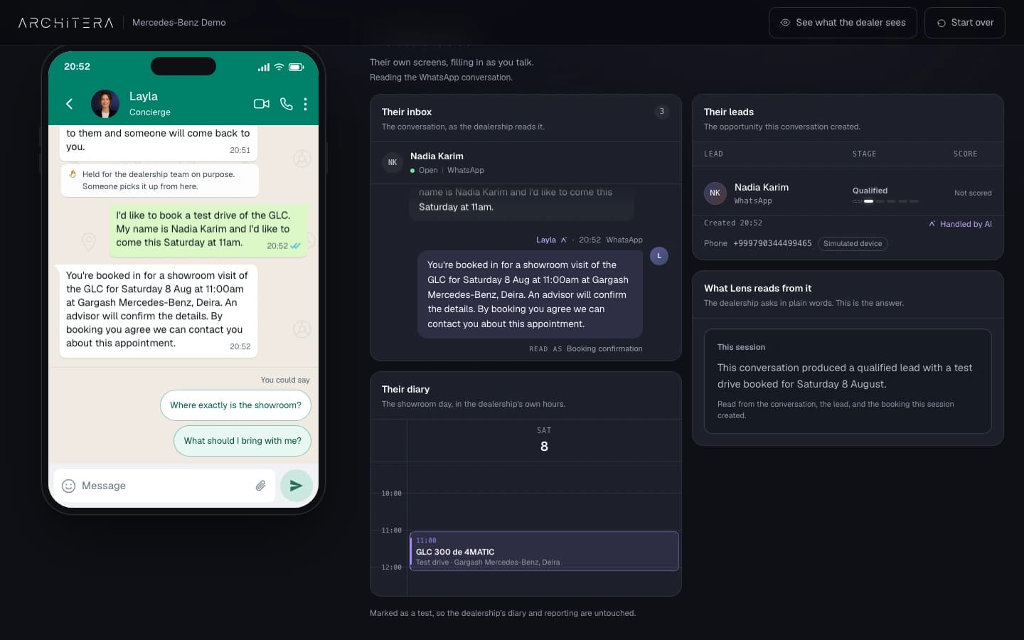 A Cronus WhatsApp conversation continuing a customer's vehicle enquiry and test-drive booking