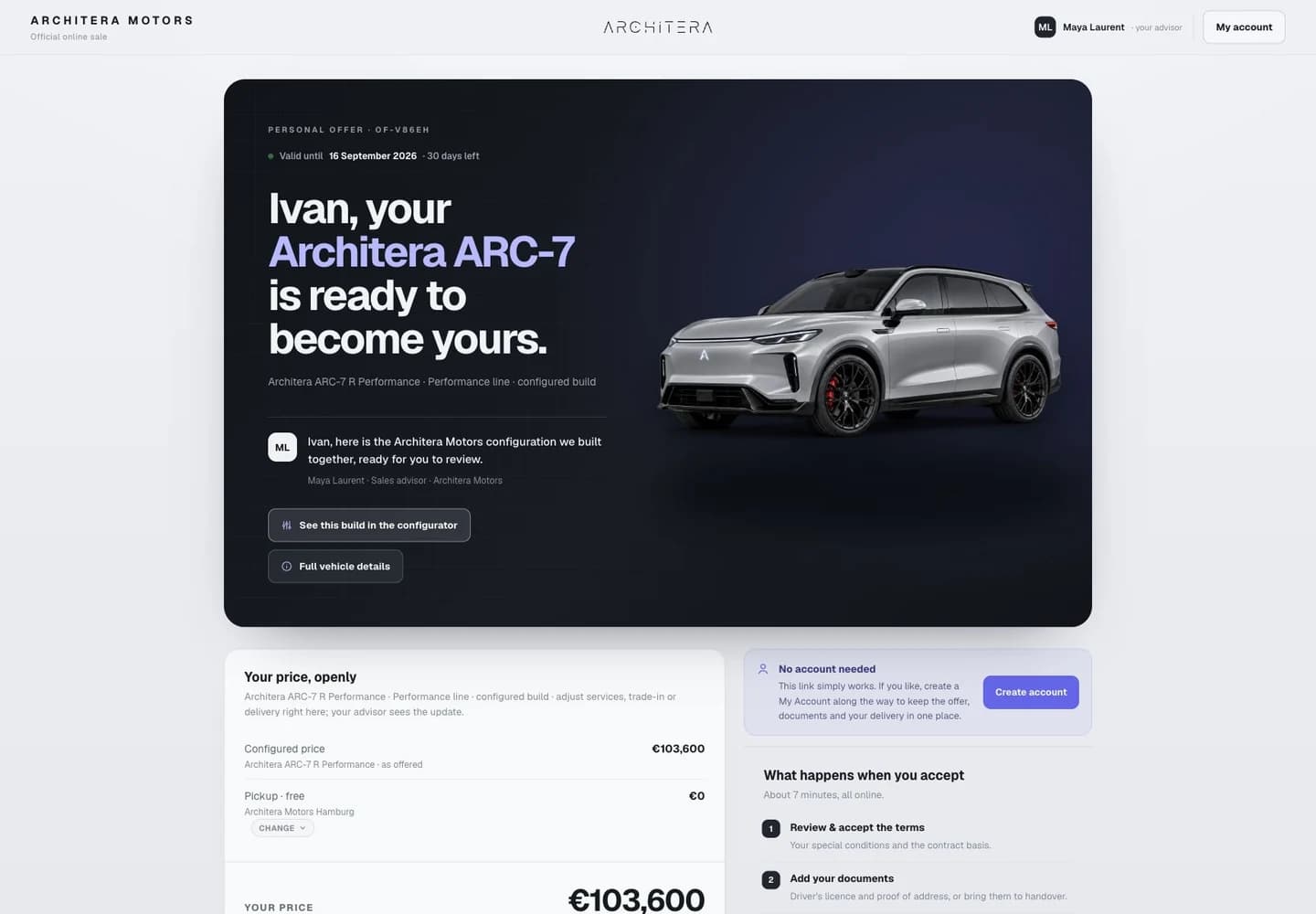 A personal Architera Motors offer showing a customer's configured vehicle and price