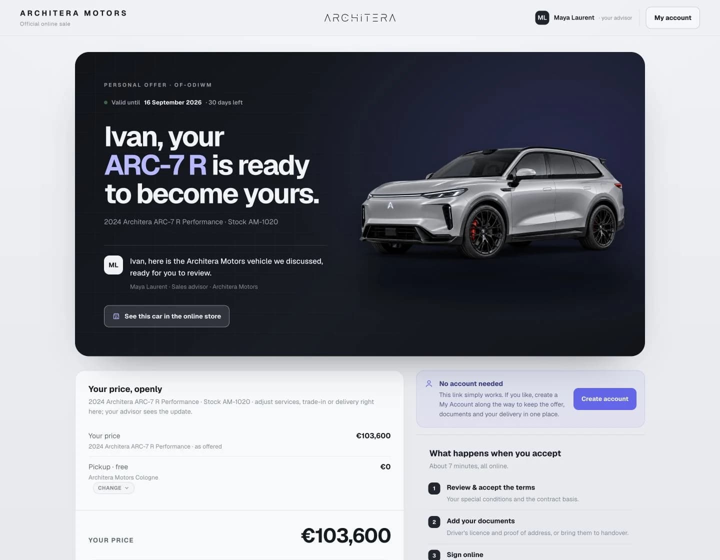 A personal Architera Motors offer showing an in-stock vehicle, transparent pricing, and a route back to the online store