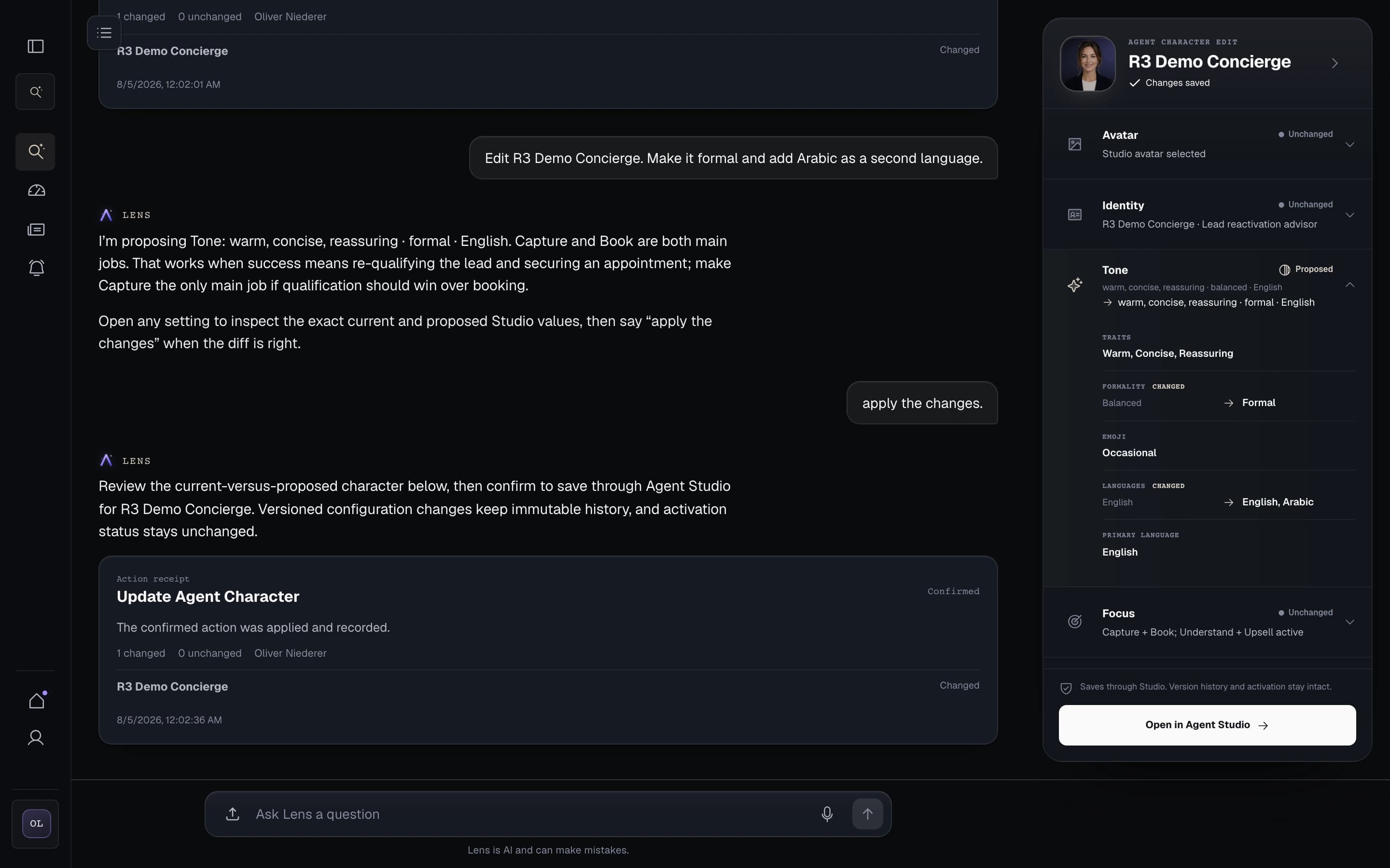 Lens setting up a concierge agent with a formal voice and Arabic language support