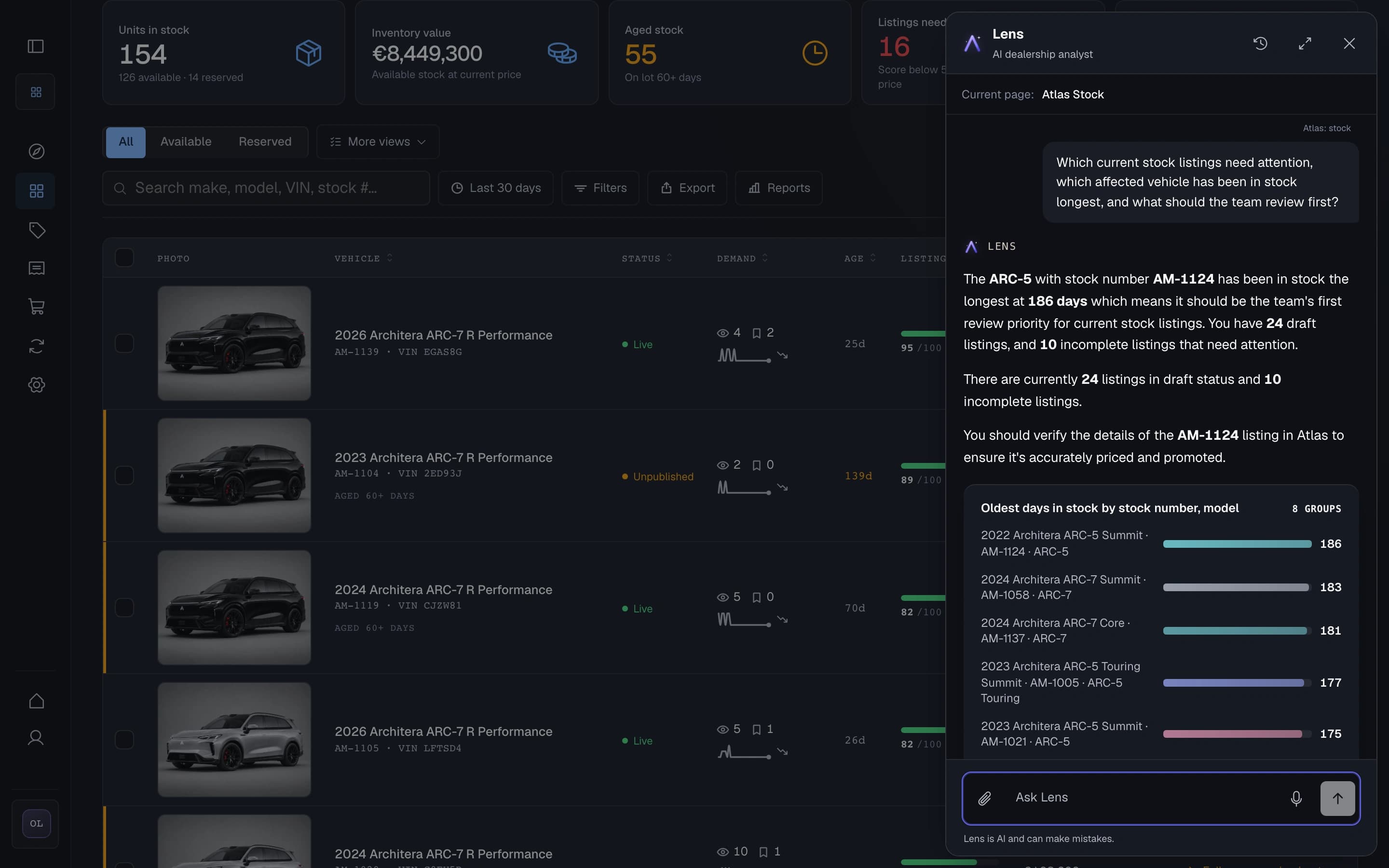 Lens reviewing current Atlas stock and identifying listings that need attention