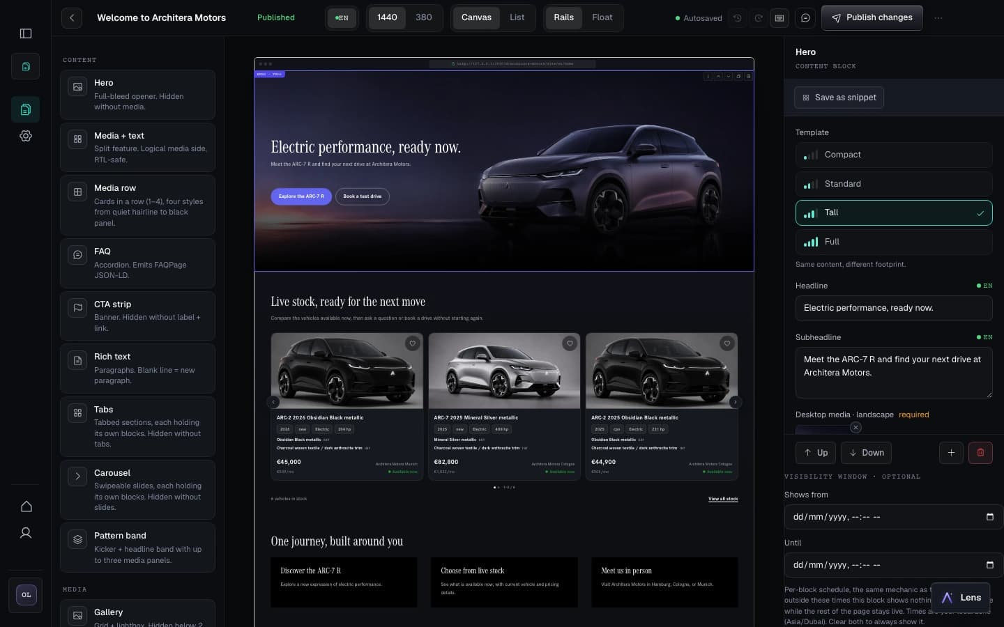 The Pages editor showing the real Architera Motors homepage preview, CMS blocks, responsive controls, and publishing settings