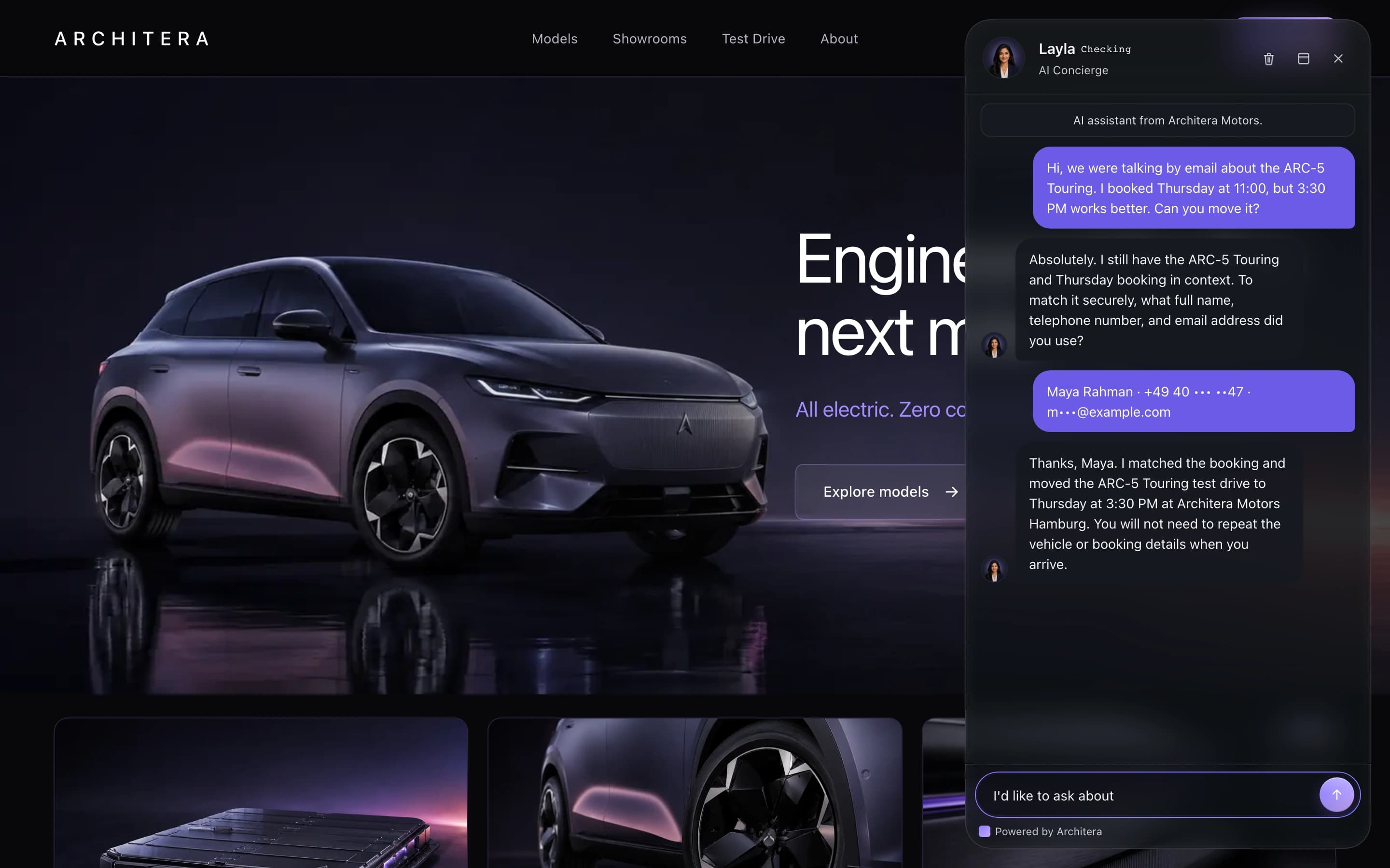 Cronus AI webchat capturing customer details and continuing a test-drive booking from a dealership website