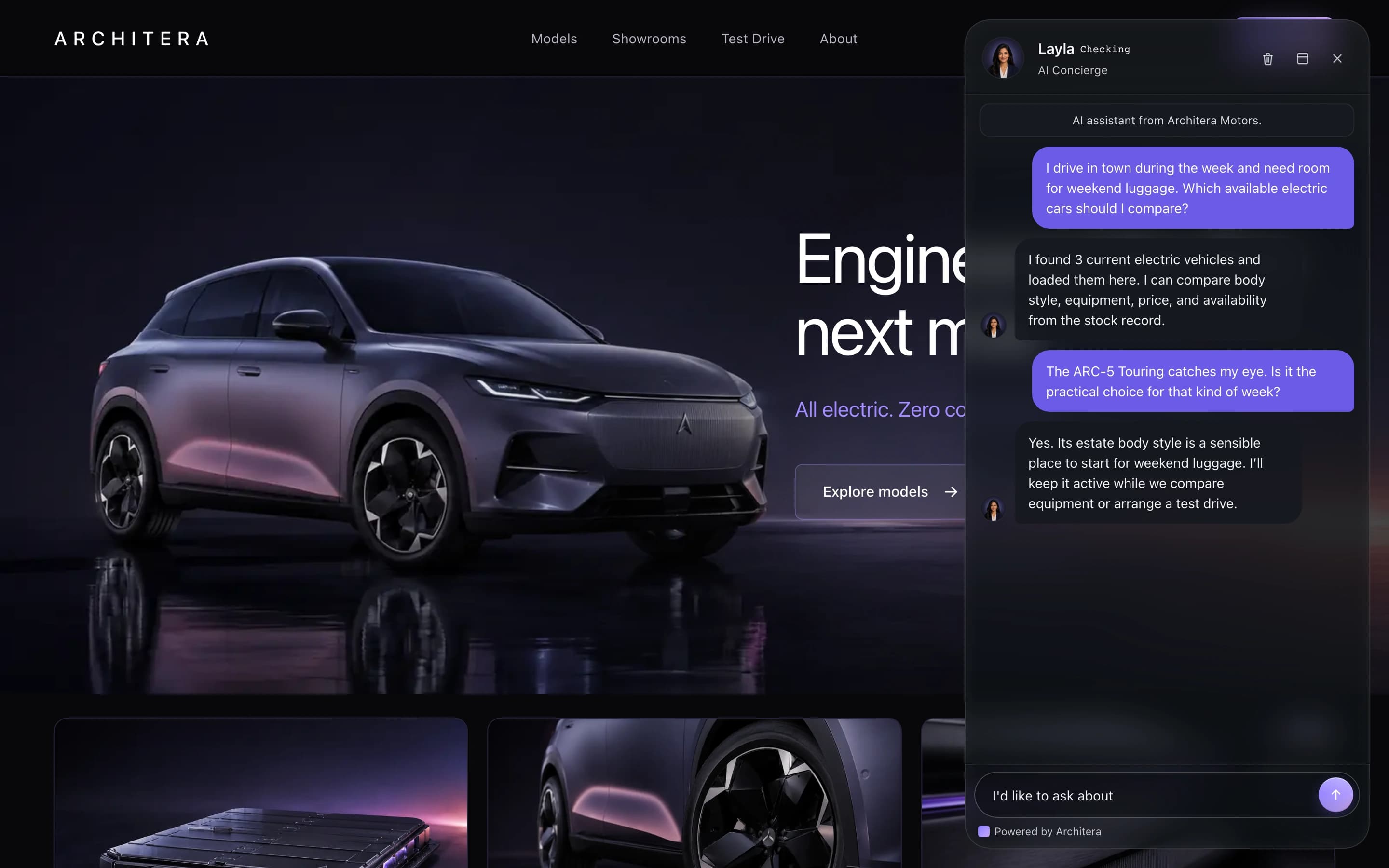 Cronus web chat open on an Architera demo dealership page with AI disclosure and a stock conversation