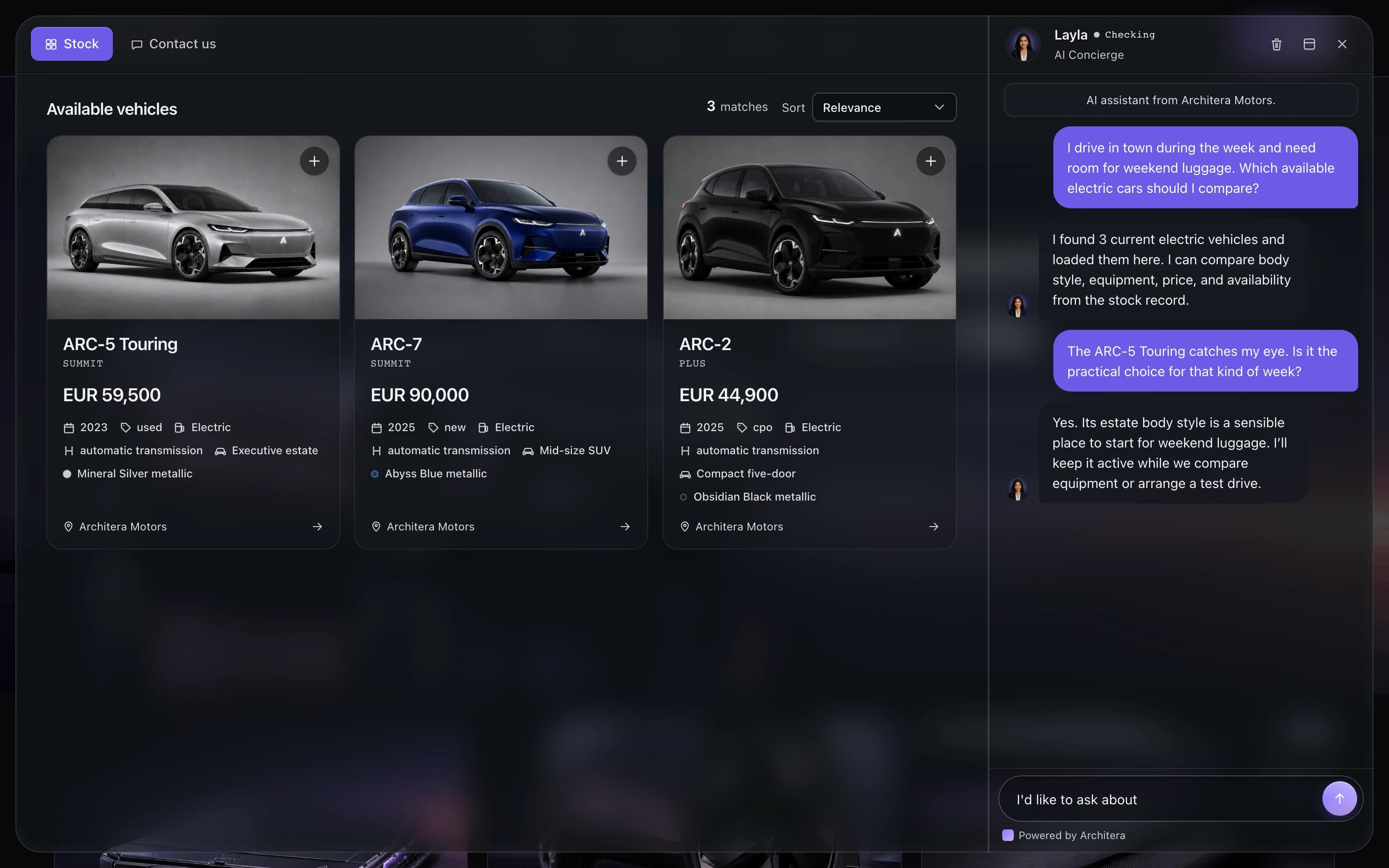 Cronus web chat showing vehicle stock cards in the Architera demo environment
