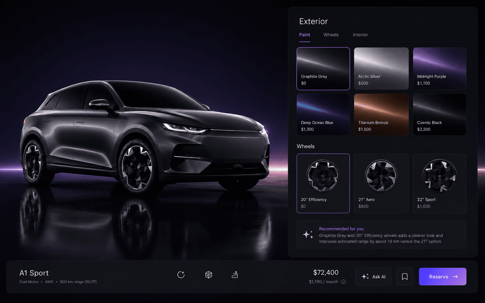 Forge configurator showing an unbranded A1 Sport SUV with paint and wheel choices