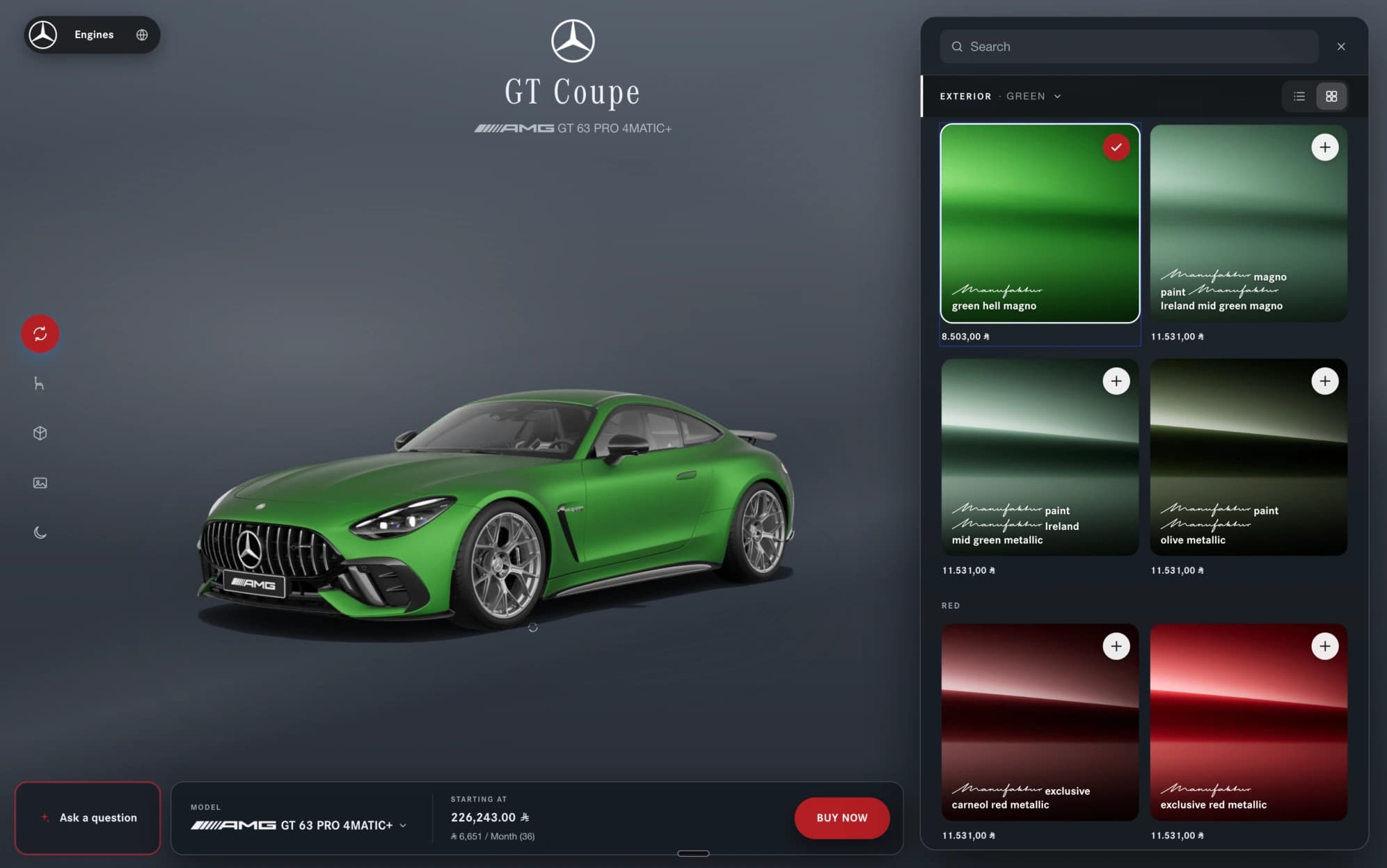 Forge configurator showing a finished green GT Coupe build with its specification controls